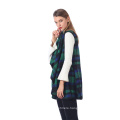 Womens Lapel Sleeveless Open Front Hem Plaid Vest Cardigan Jacket With Pockets